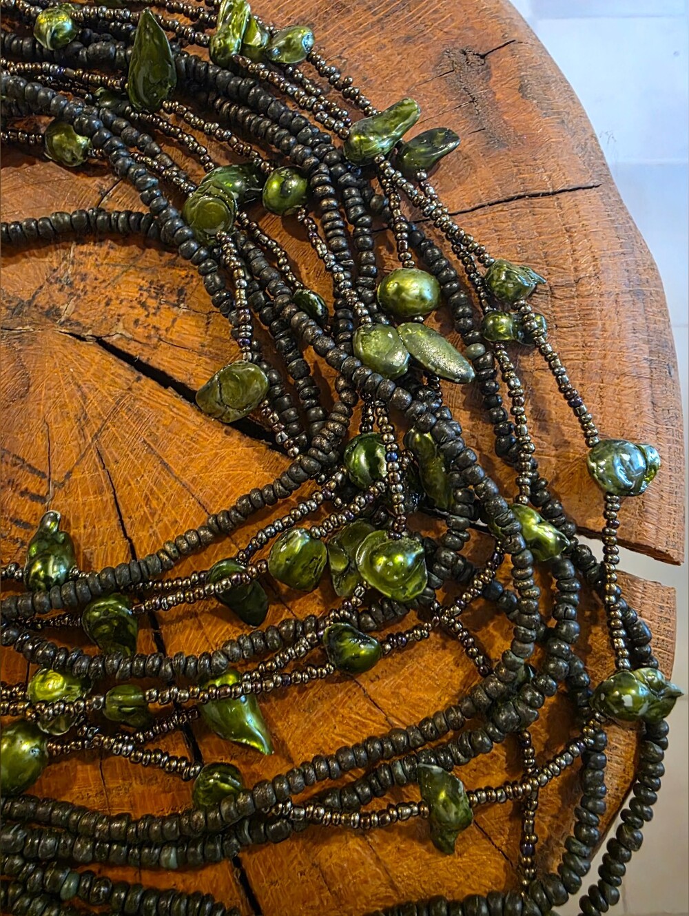 Unique Vintage Black Bead Necklace with Green Pearl Drops Multi-bead Strands
